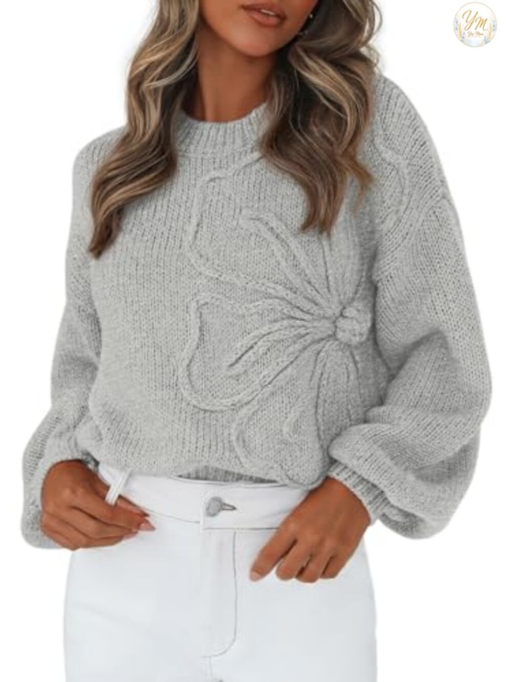 Oversized 3D Floral Knit Sweater Crew Neck Drop Shoulder Lantern Sleeve Pullover